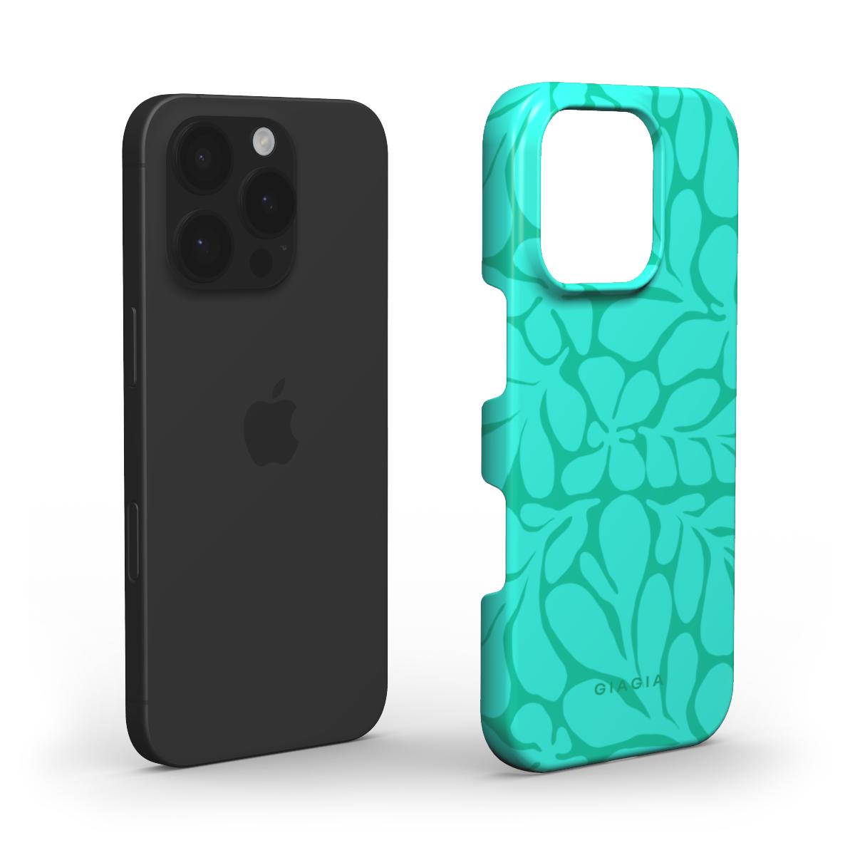 Black phone with a teal floral patterned case on a white background