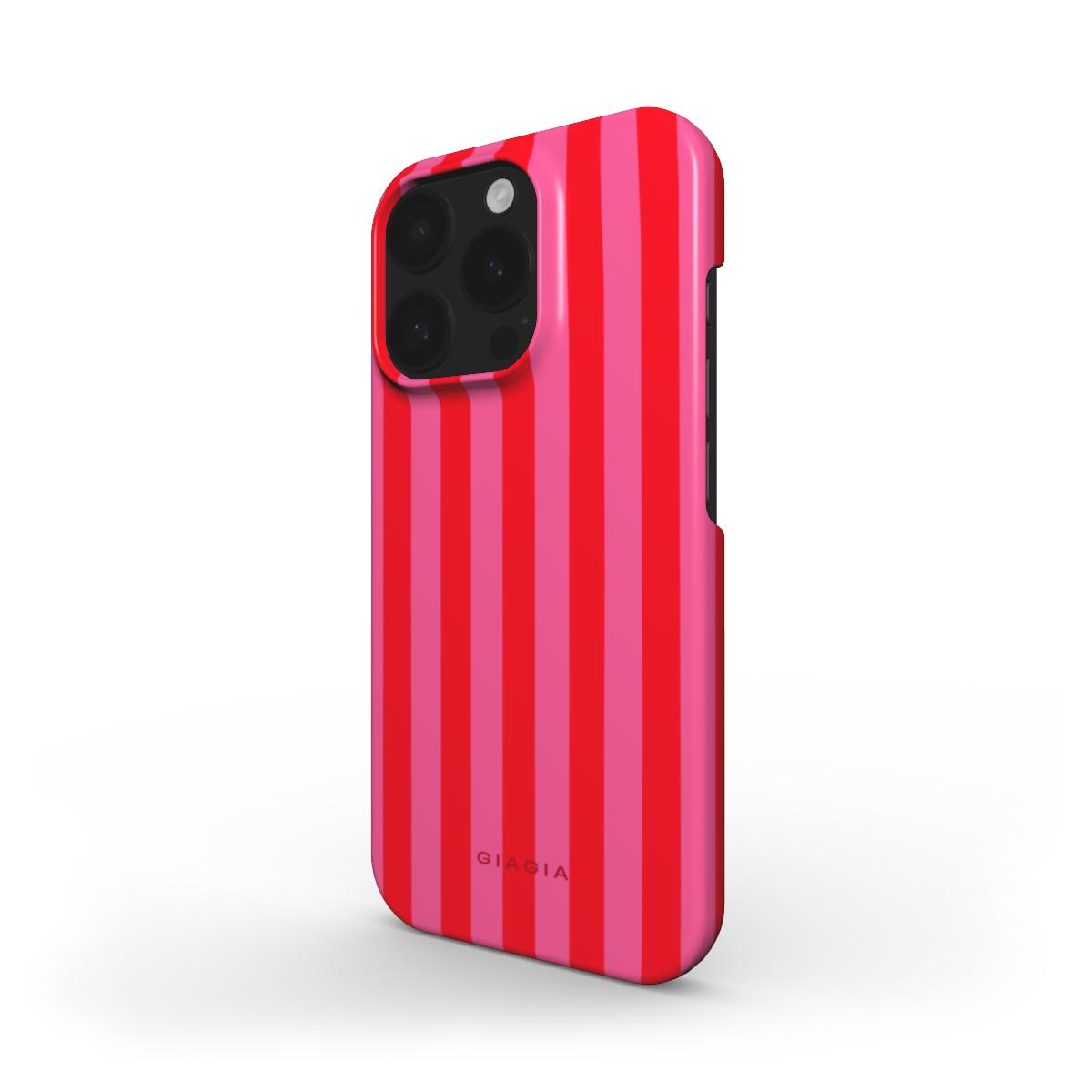 Red and pink striped phone case on a white background