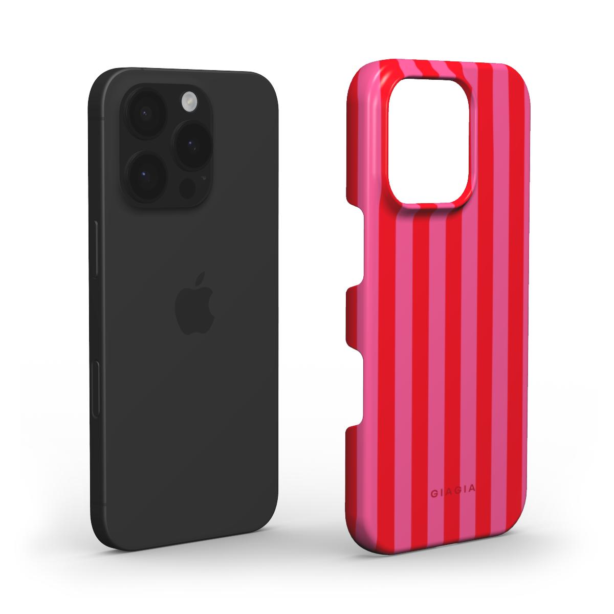Black phone case and red striped phone case on a white background