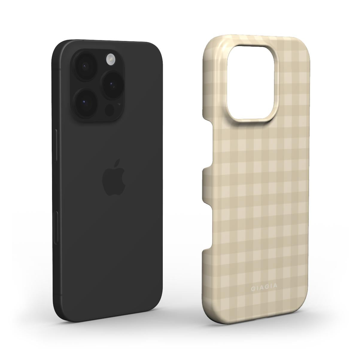 Black phone case and gold checkered phone case on a white background