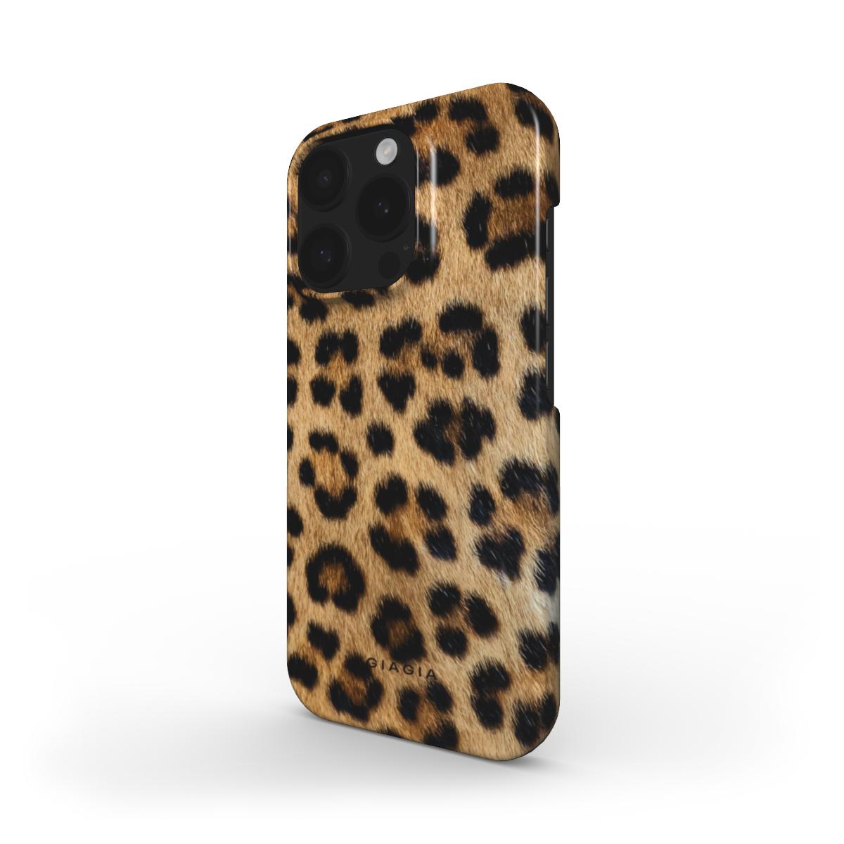 Leopard print phone case on a white background