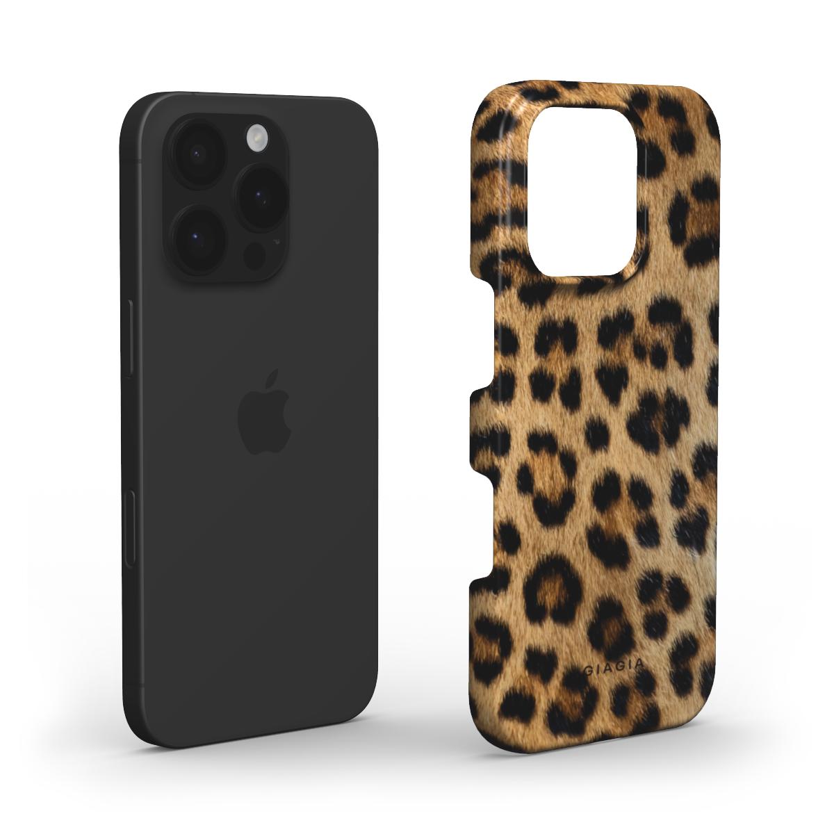 Black phone case next to a leopard print phone case on a white background