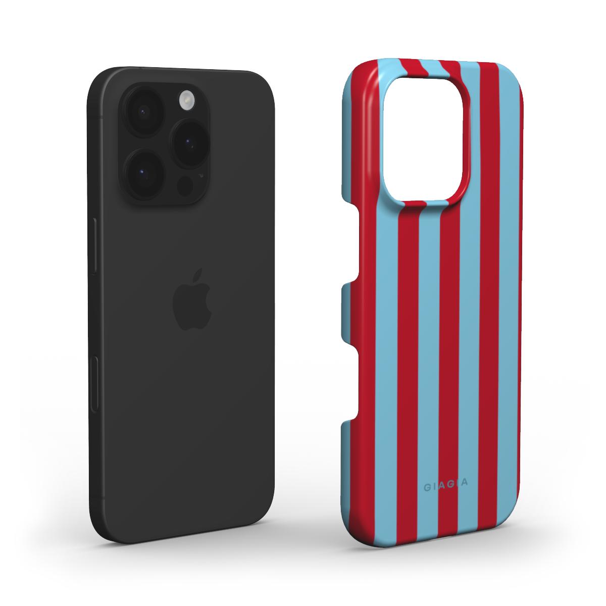 Black phone case and red and blue striped phone case on a white background