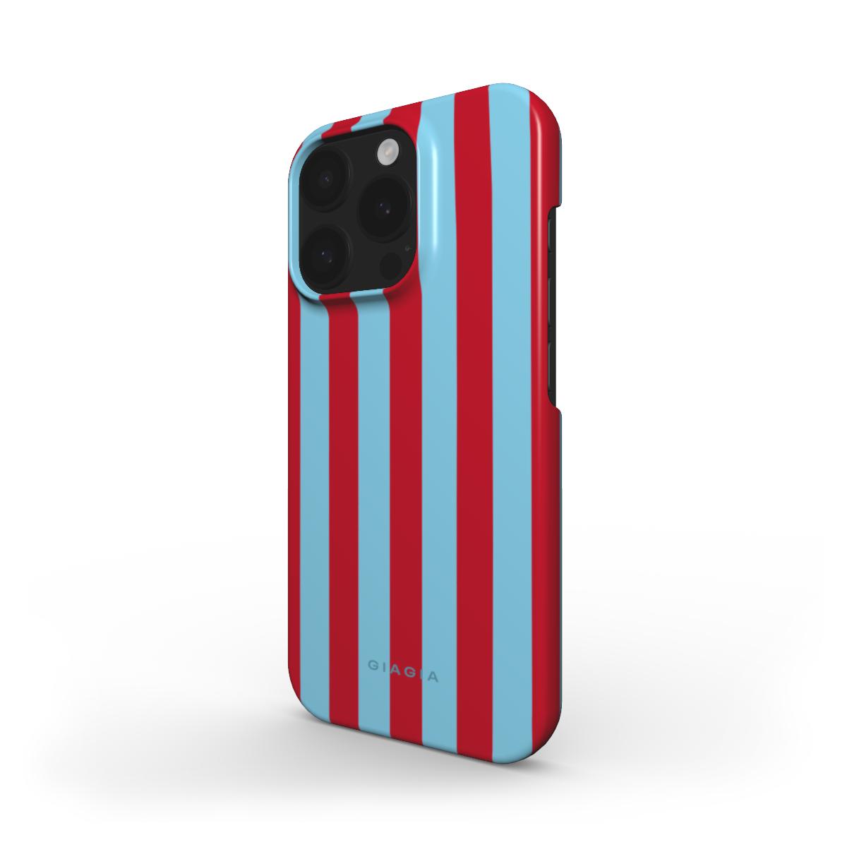 Phone case with red and blue vertical stripes on a white background