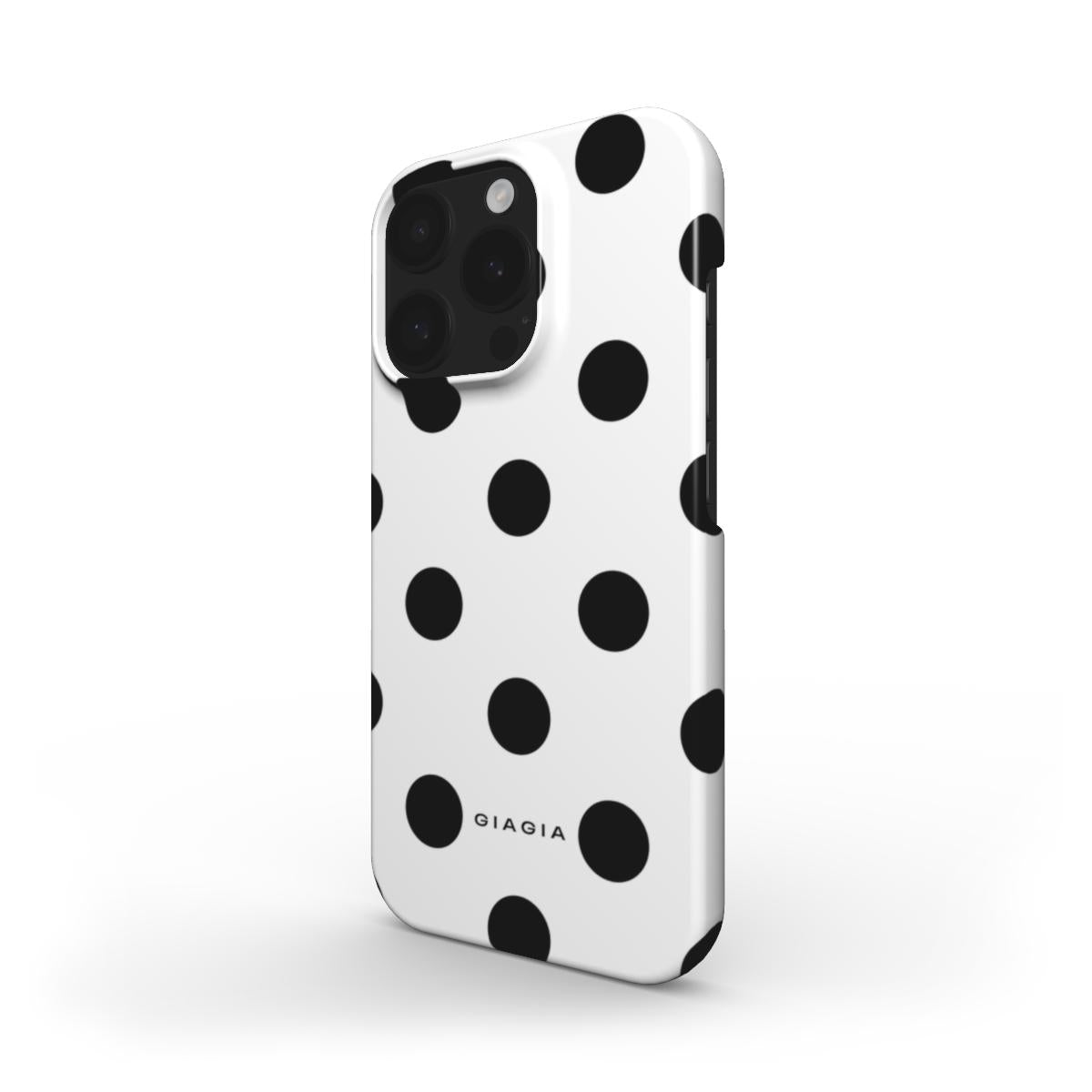 Phone case with black polka dots on a white background