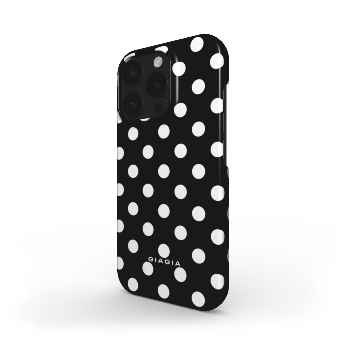 Phone case with black background and white polka dots, featuring the brand 'Gia gia'.