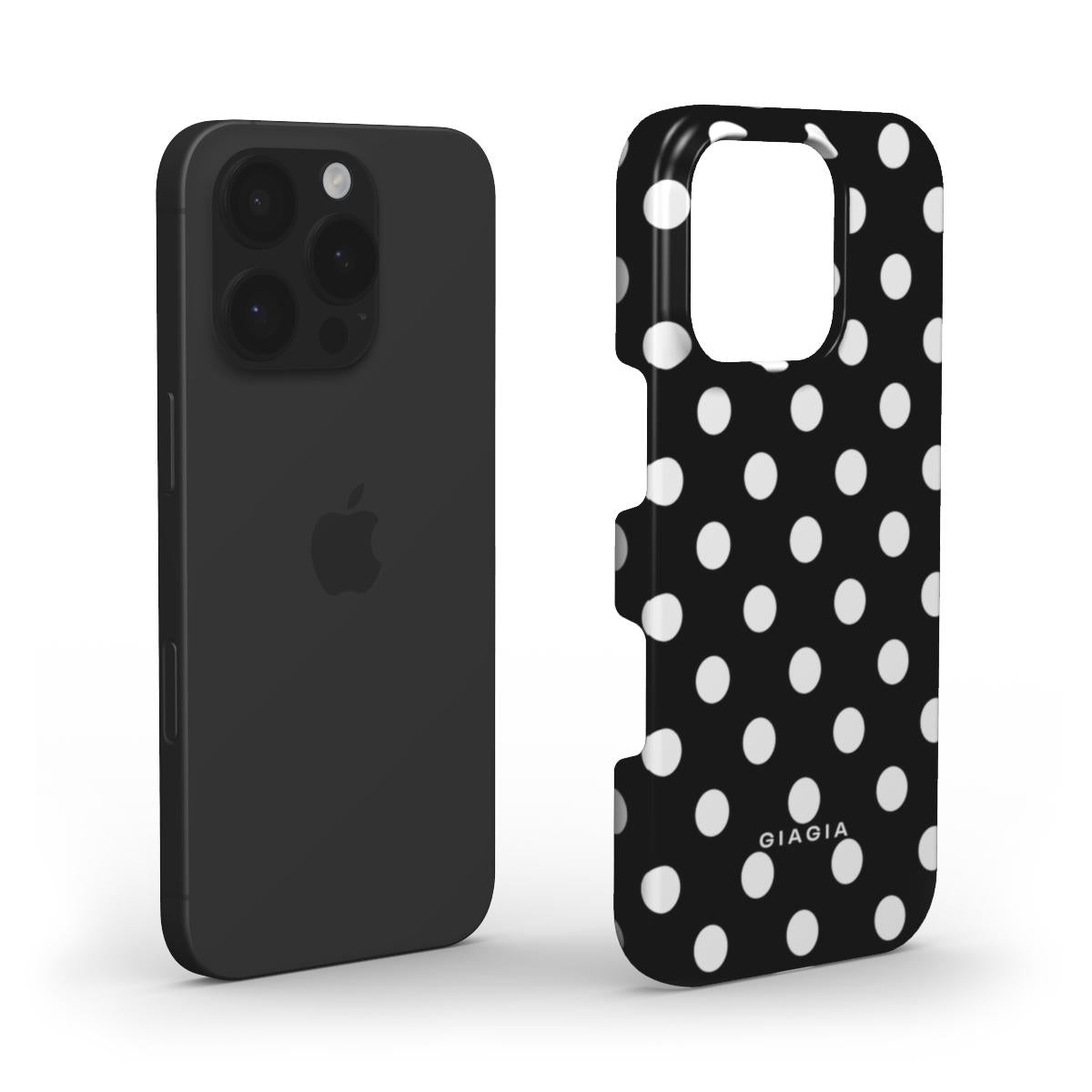 Black phone case with white polka dots and 'GIAGIA' branding on a white background