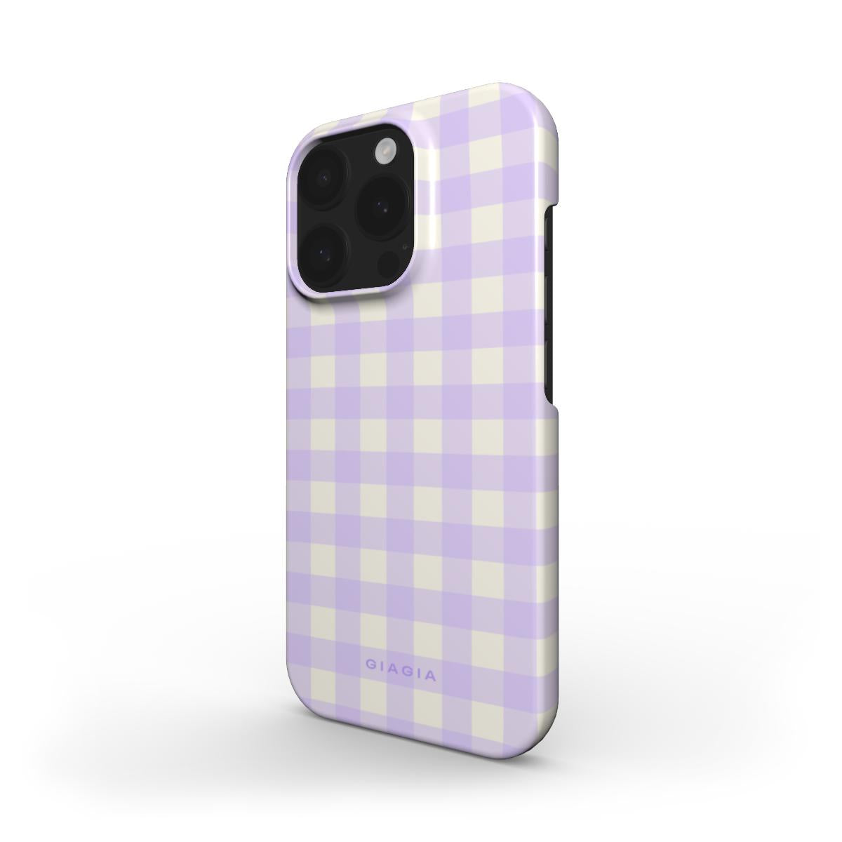 Phone case with purple and white checkered pattern on a white background