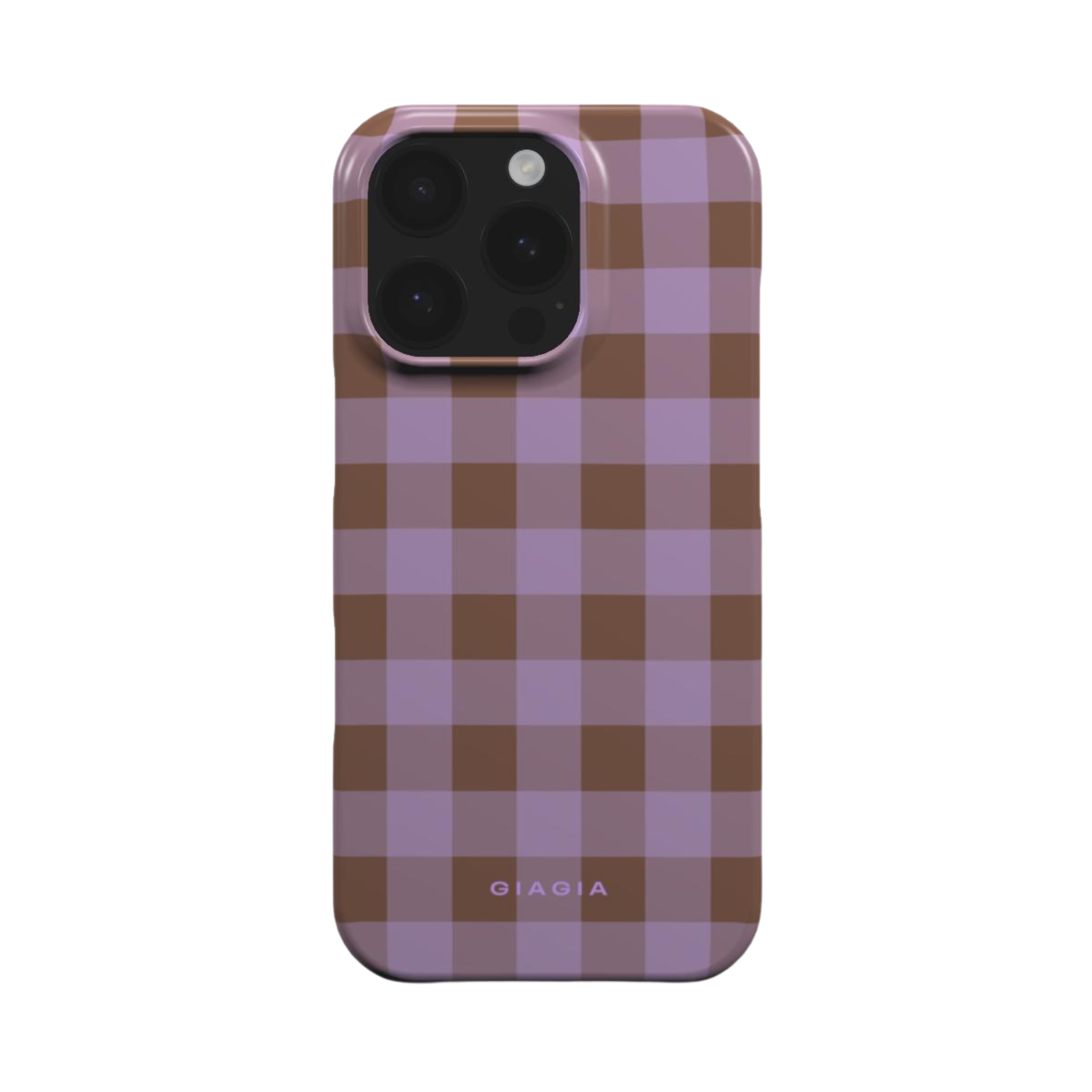 Phone case with brown and purple checkered pattern on a white background