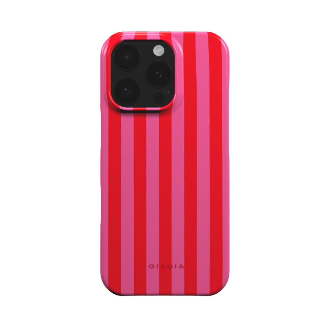 Phone case with red and pink vertical stripes on a white background