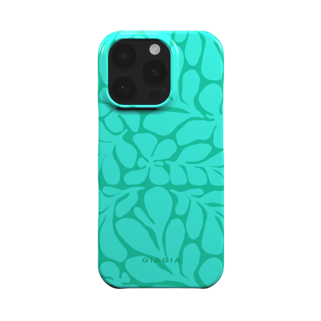 Turquoise phone case with floral pattern on a white background
