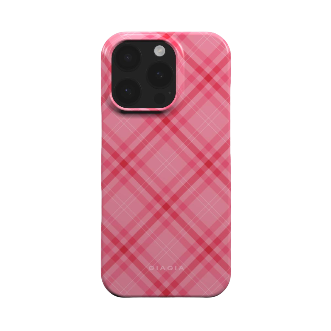 Pink plaid phone case with 'GIAGIA' branding on a white background