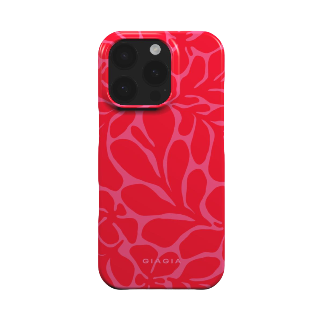 Red floral patterned phone case with 'Gia gia' branding on a white background