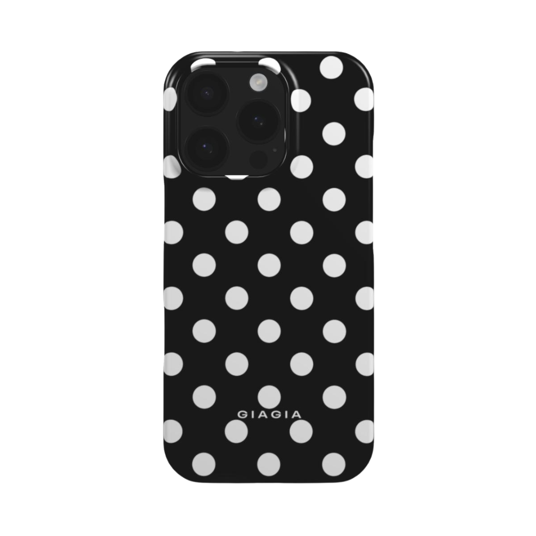Black phone case with white polka dots and 'GIAGIA' branding on a white background
