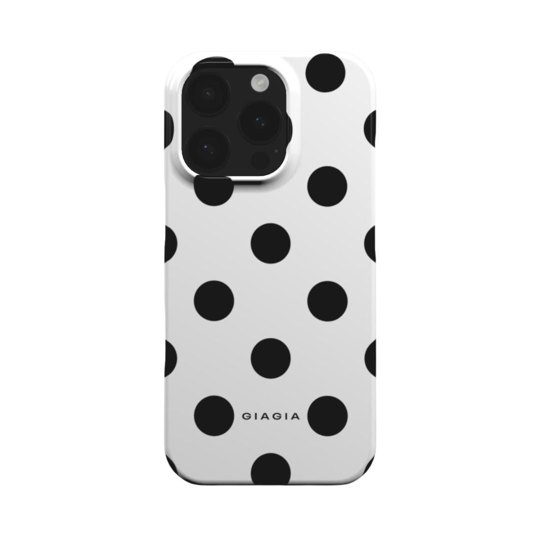 Phone case with black polka dots on a white background