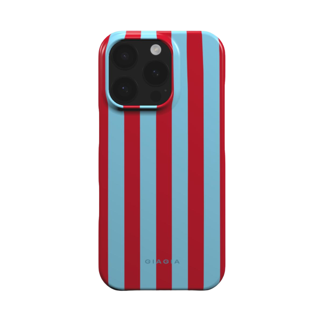 Phone case with red and blue vertical stripes on a white background